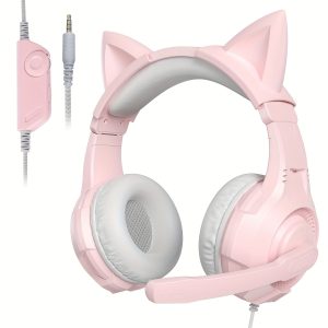 Pink Gaming Headset with Removable Cat Ears - Wired Over-Ear Headphones with Virtual Surround Sound, Noise Cancelling Mic, and Auto-Adjust Headband for PC FPS4 FPS5 FXBOX FSwitch Gaming - Durable Plastic Construction