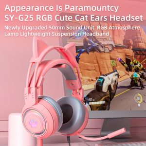 On-Ear Cat Ear Gaming Headset with Microphone - SY-G25 RGB LED Light, Comfortable Skin-Friendly Earmuffs, Non-Waterproof, 3.5mm Jack, Tangle-Free Cable, Volume Control, for Desktop - Adult (14+)