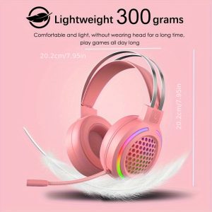 MAGIC REFINER Gaming Headset, 3.5mm Wired Over-Head Noise Canceling Headphone with RGB Chroma Backlit, Stereo Surround Sound, 360??Rotation Microphone with Volume Control for PS4 F Xbox One FMac FPC (Pink)