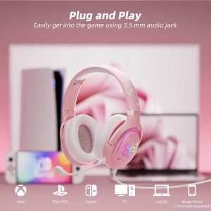 Sakura Pink Cherry Blossoms Gaming Headset, 360 Rotation Mic, Soft Earmuff Wired Gaming Headphones for PS4, PS5, Xbox, PC & MAC, Switch, RGB Gradient Light Effect